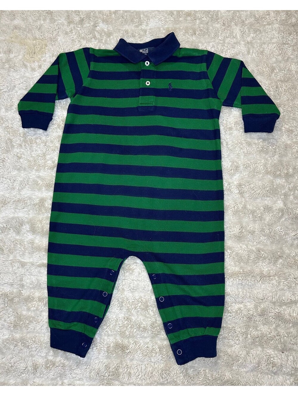 Polo by Ralph Lauren navy green striped rugby-style one-piece/romper 18M preppy